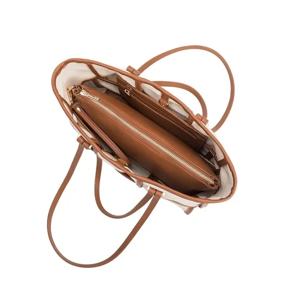 Melie Bianco Recycled Vegan Tote Bag in Tan & Cream - Picture 6 of 10